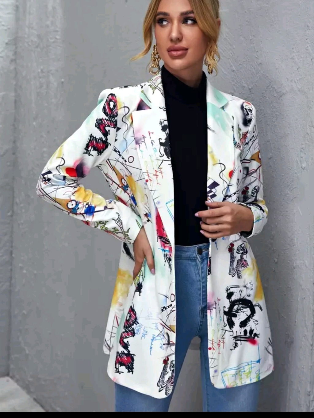 Abstract Print White Open Blazer Jacket